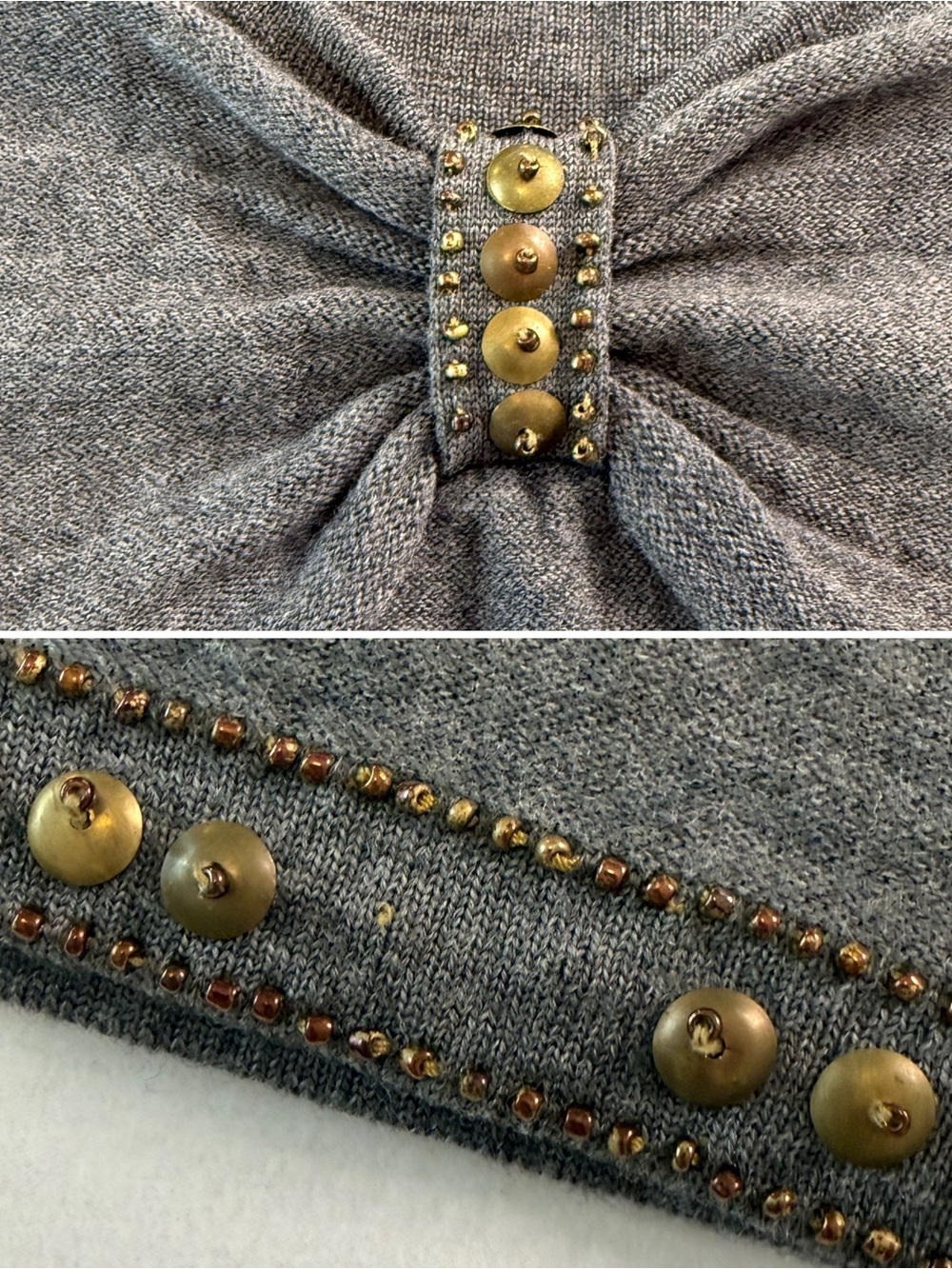 Taryn Rose 100% Merino Wool Studded Sweater Y2K Boho Glam Gray S - Picture 7 of 12